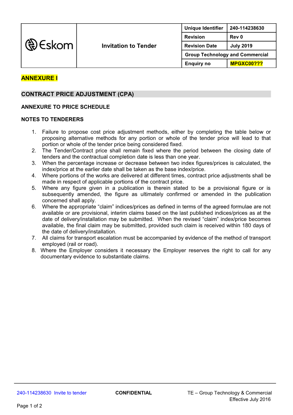 Contract Price Adjustment (Cpa)