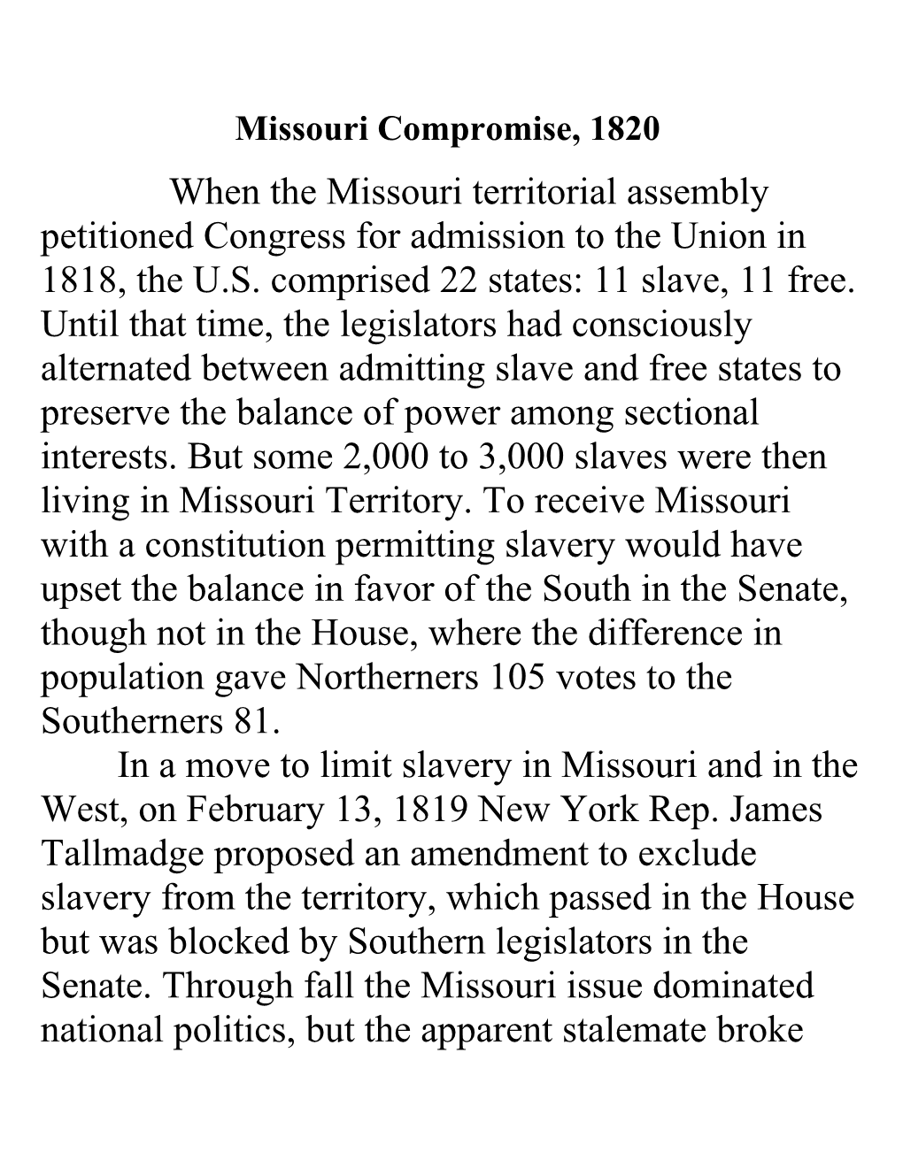 Missouri Compromise, 1820