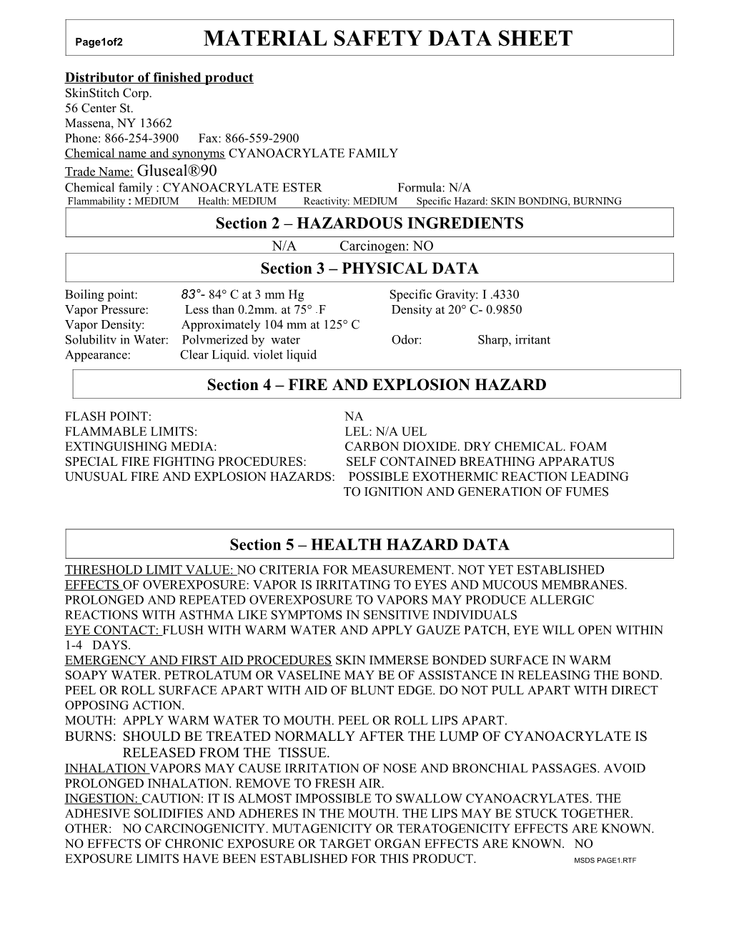 Page1of2 MATERIAL SAFETY DATA SHEET