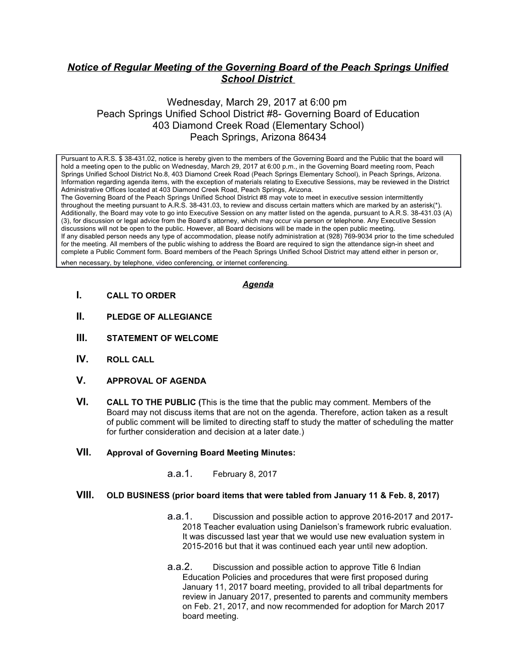 Notice of Regular Meeting of the Governing Board of the Peach Springs Unified School District