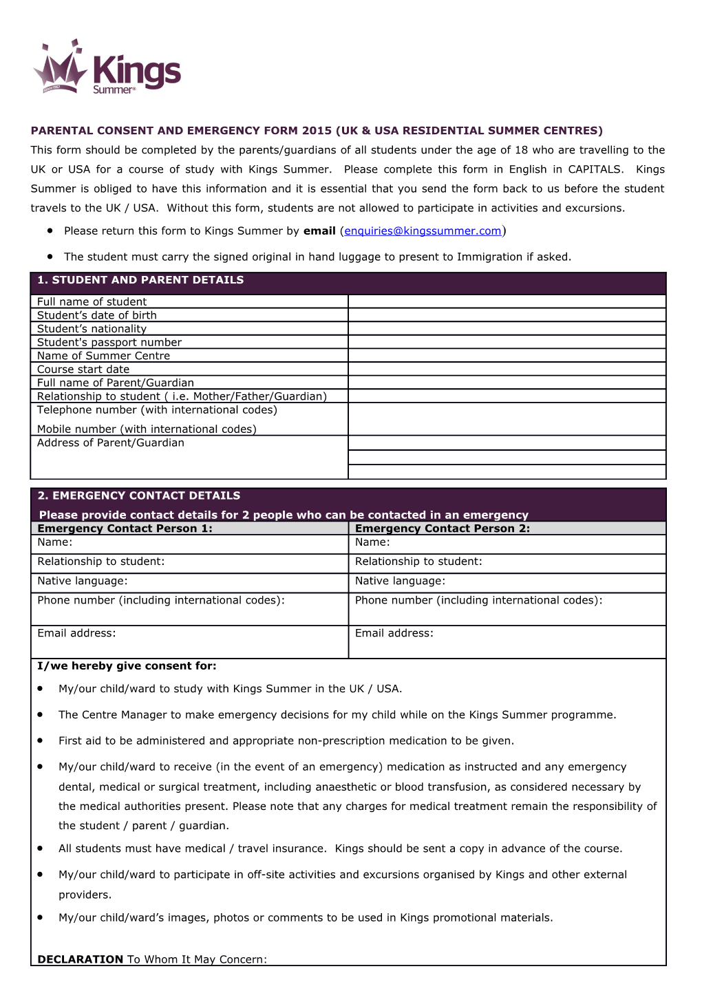 Parental Consent and Emergency Form 2015 (Uk & Usa Residential Summer Centres)