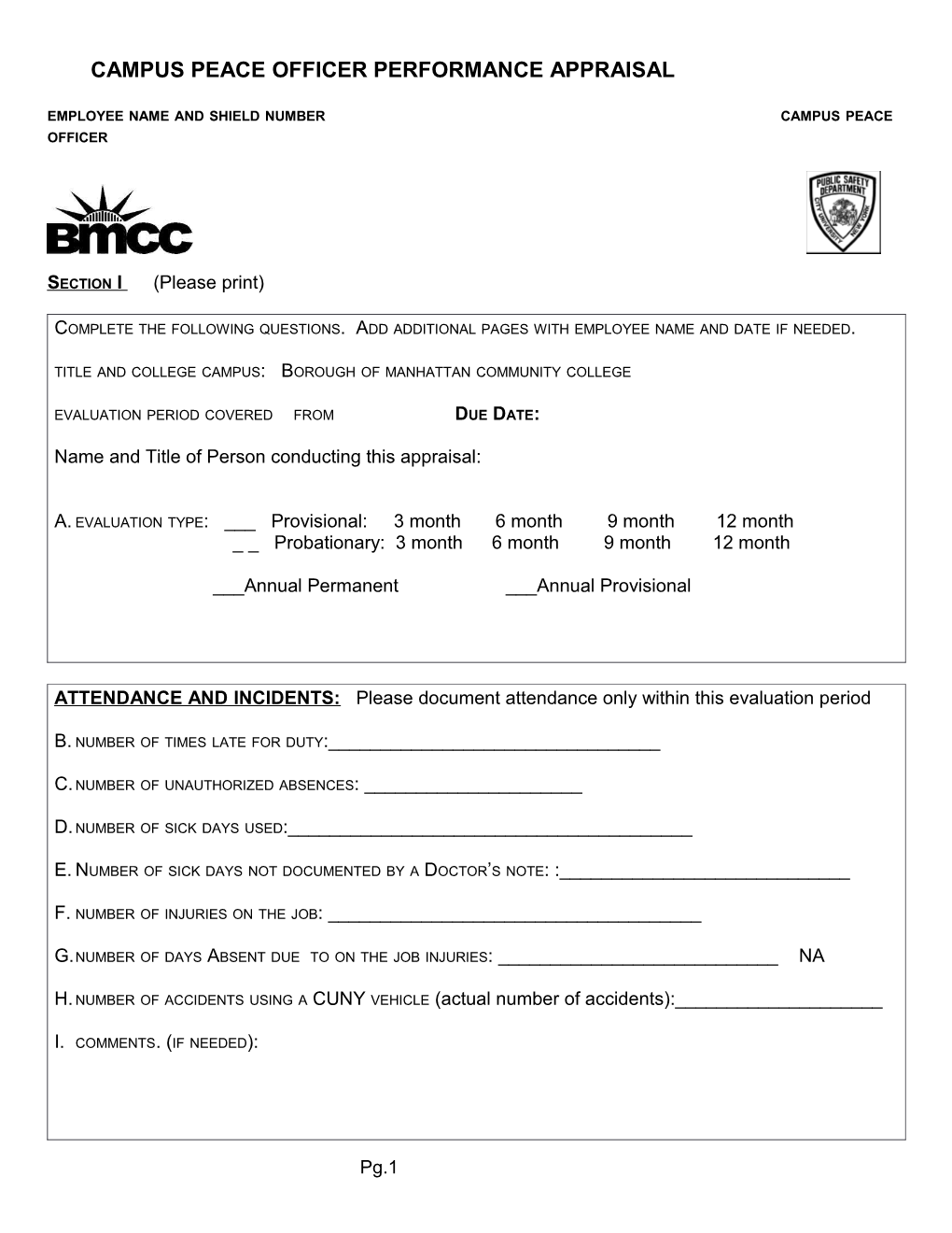 Campus Peace Officer Performance Appraisal