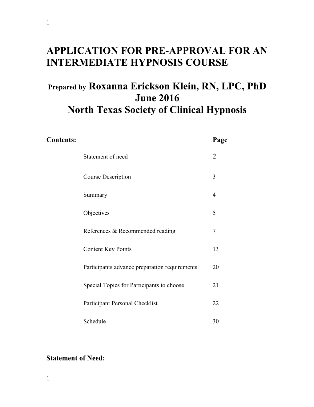 Application for Pre-Approval for an Intermediate Hypnosis Course