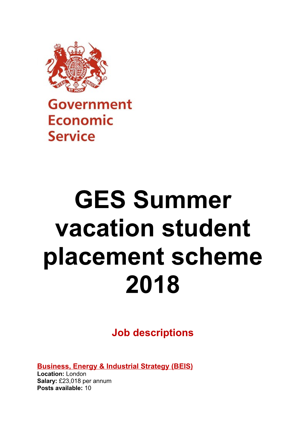 GES Summer Vacation Student Placement Scheme 2018
