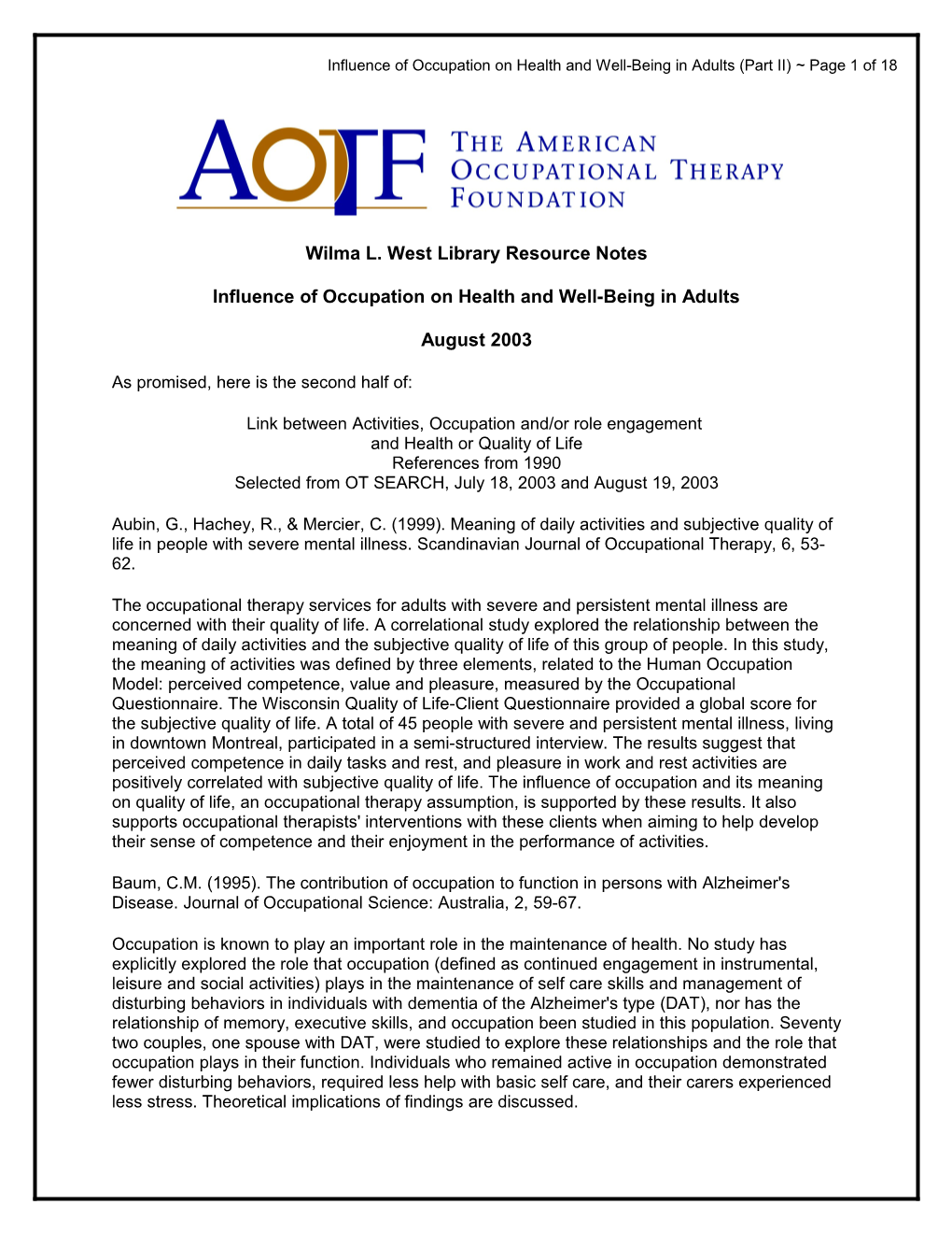 Influence of Occupation on Health and Well-Being in Adults