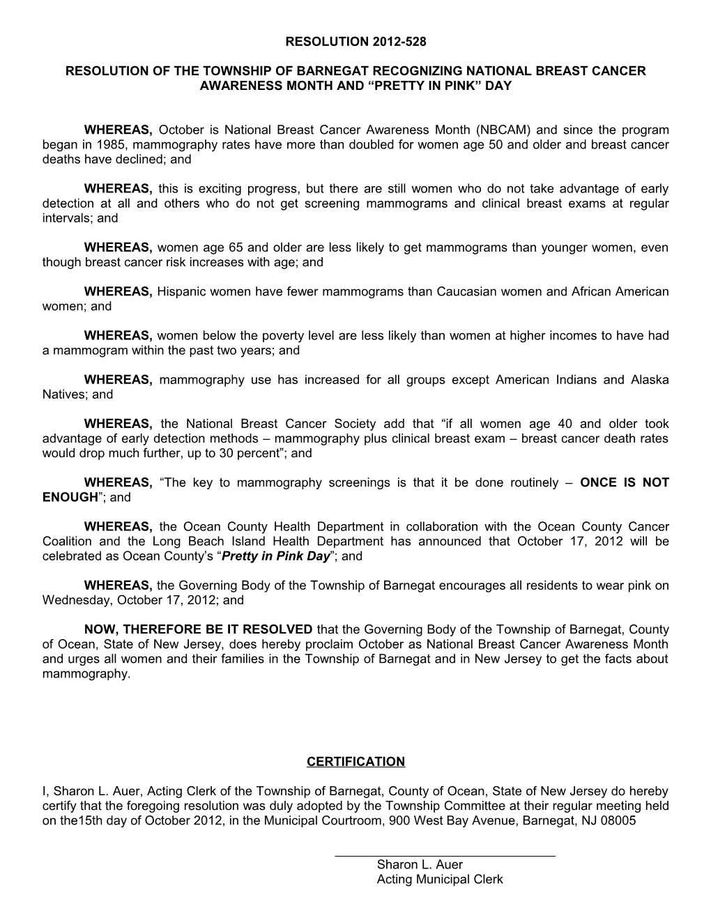 Resolution of the Borough of South Toms River Recognizing National Breast Cancer Awareness