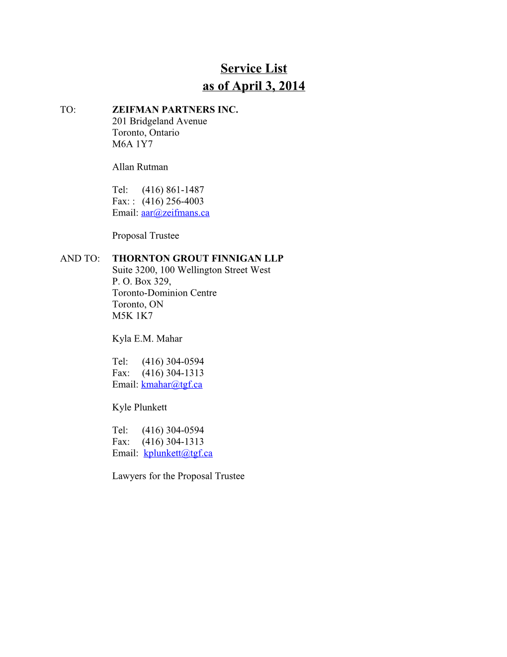 Service List As of April 3, 2014