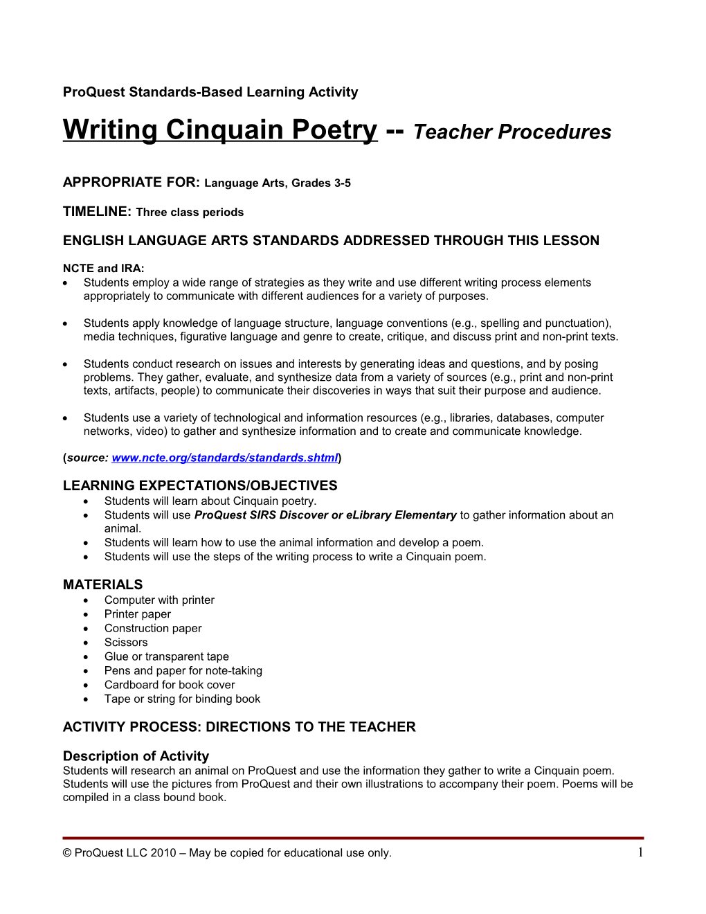 Lesson Plan: Langugage Arts 3-5 Cinquain