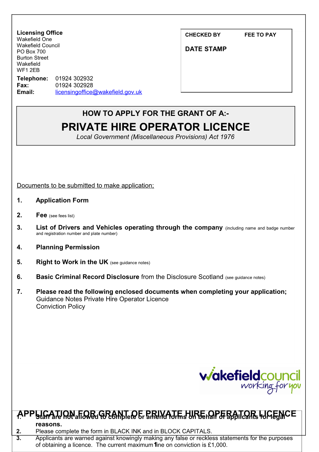 Private Hire Vehicle Operators Licence Application Form