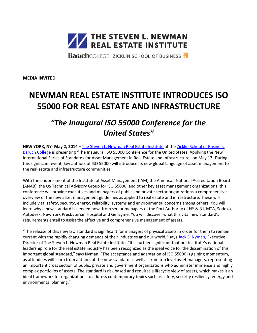 Newman Real Estate Institute Introduces Iso 55000 for Real Estate and Infrastructure