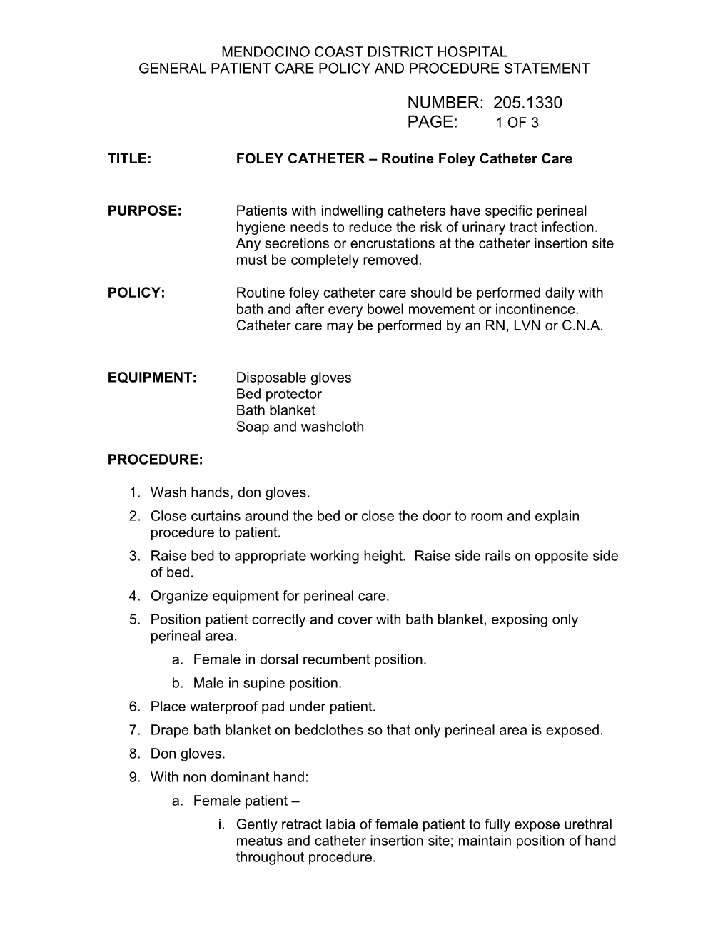 General Patient Care Policy and Procedure Statement