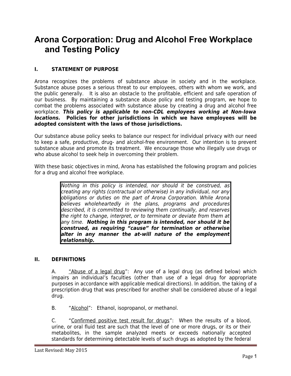 Arona Corporation: Drug and Alcohol Free Workplace and Testing Policy