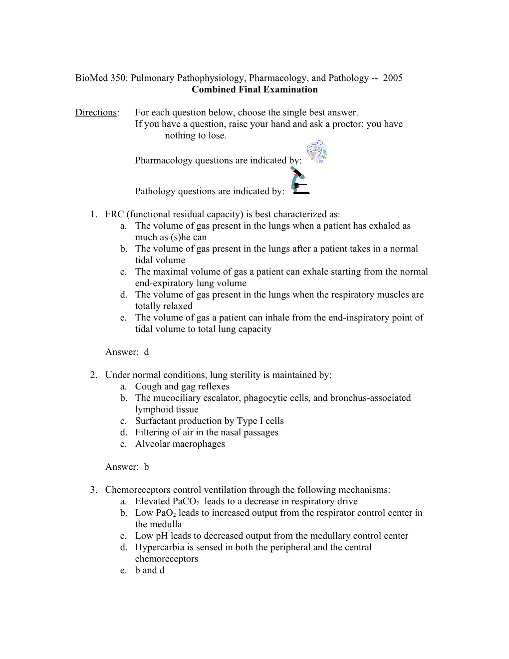 Questions for Pulmonary Pahtophysiology