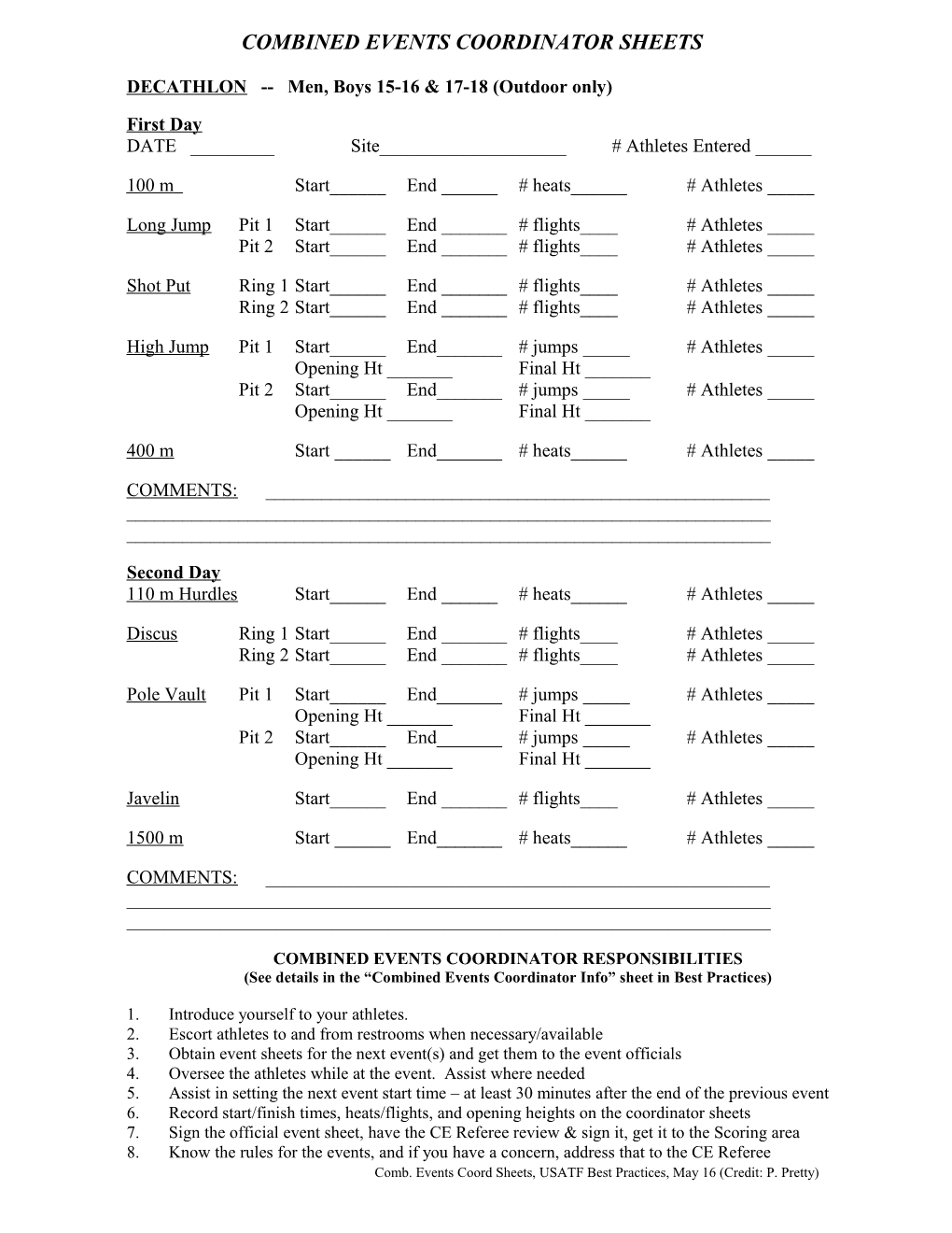 Combined Events Coordinator Sheets