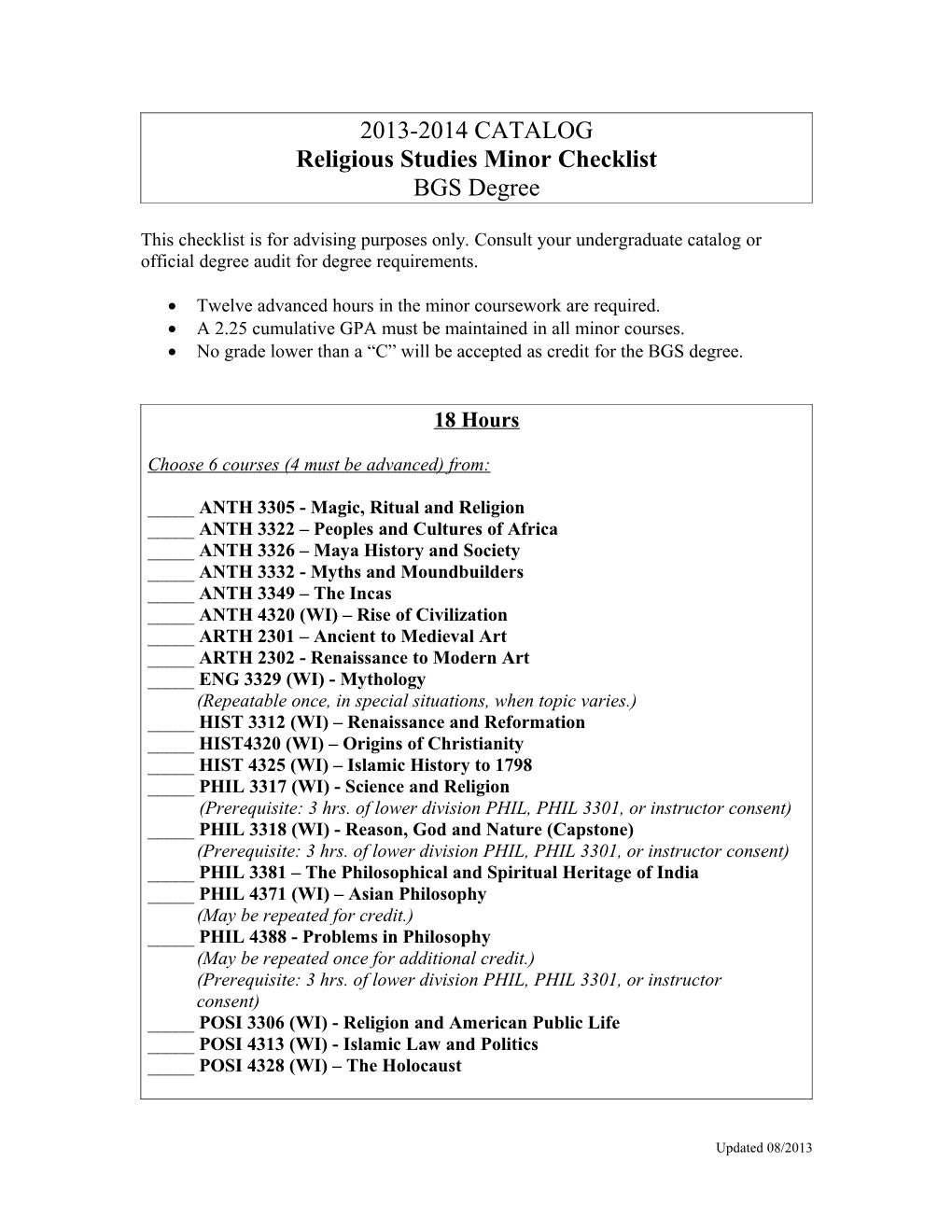 Religious Studies Minor Checklist