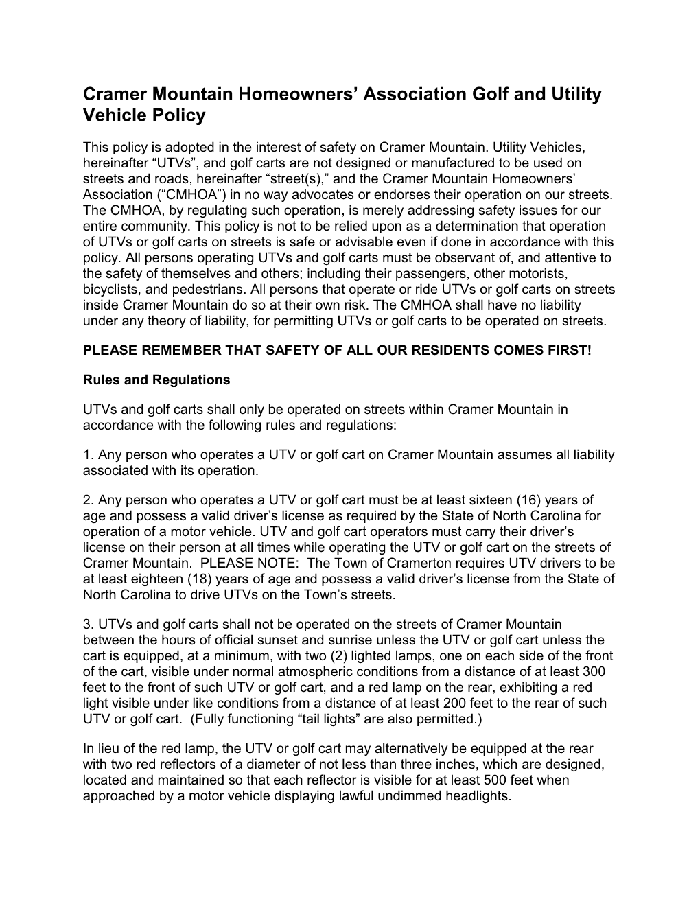 Cramer Mountain Homeowners Association Golf and Utility Vehicle Policy