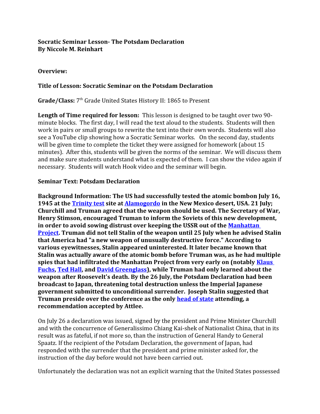 Socratic Seminar Lesson- the Potsdam Declaration