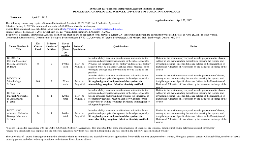 2008 Summer Emergency Posting for Ta Positions in Biology