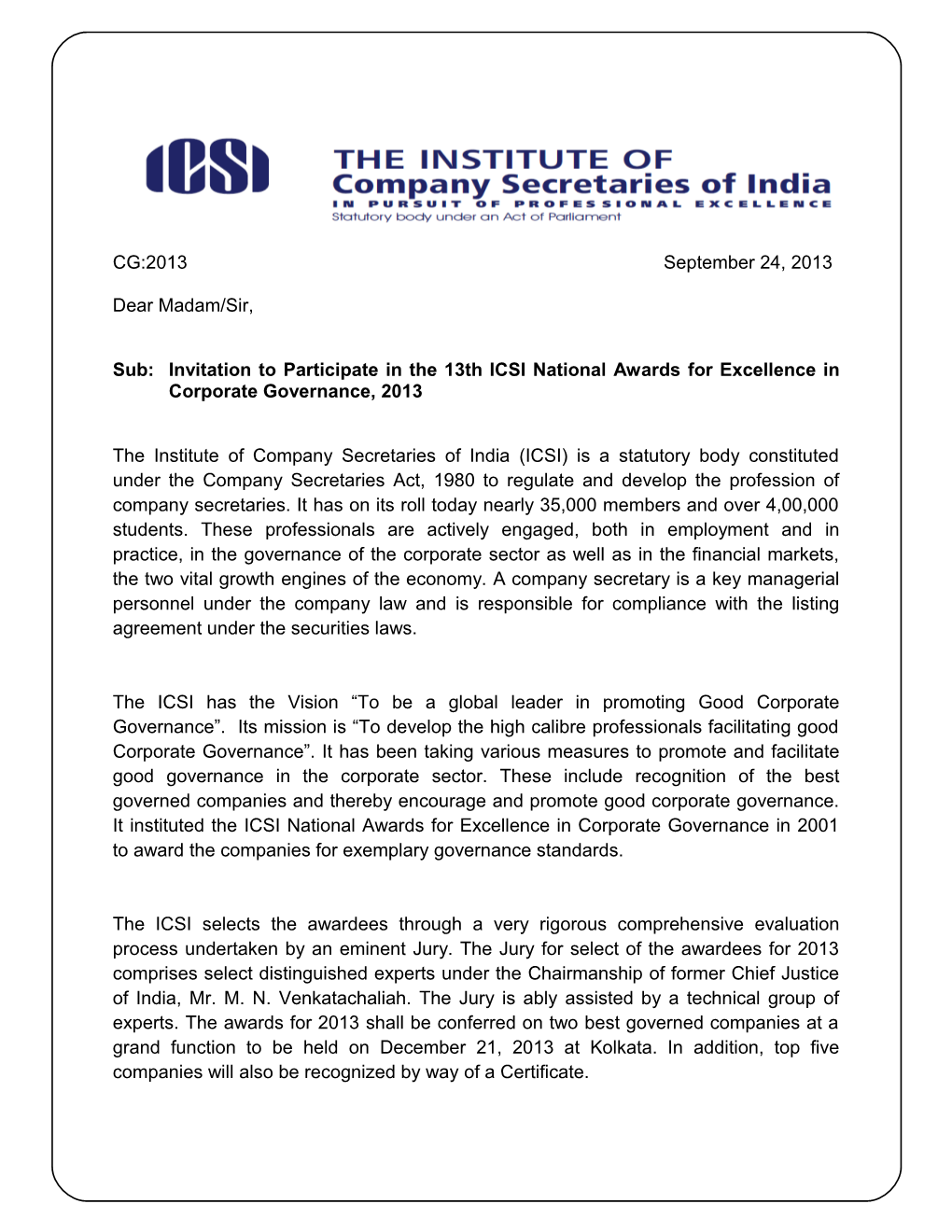 Sub: Invitation to Participate in the 13Th ICSI National Awards for Excellence in Corporate