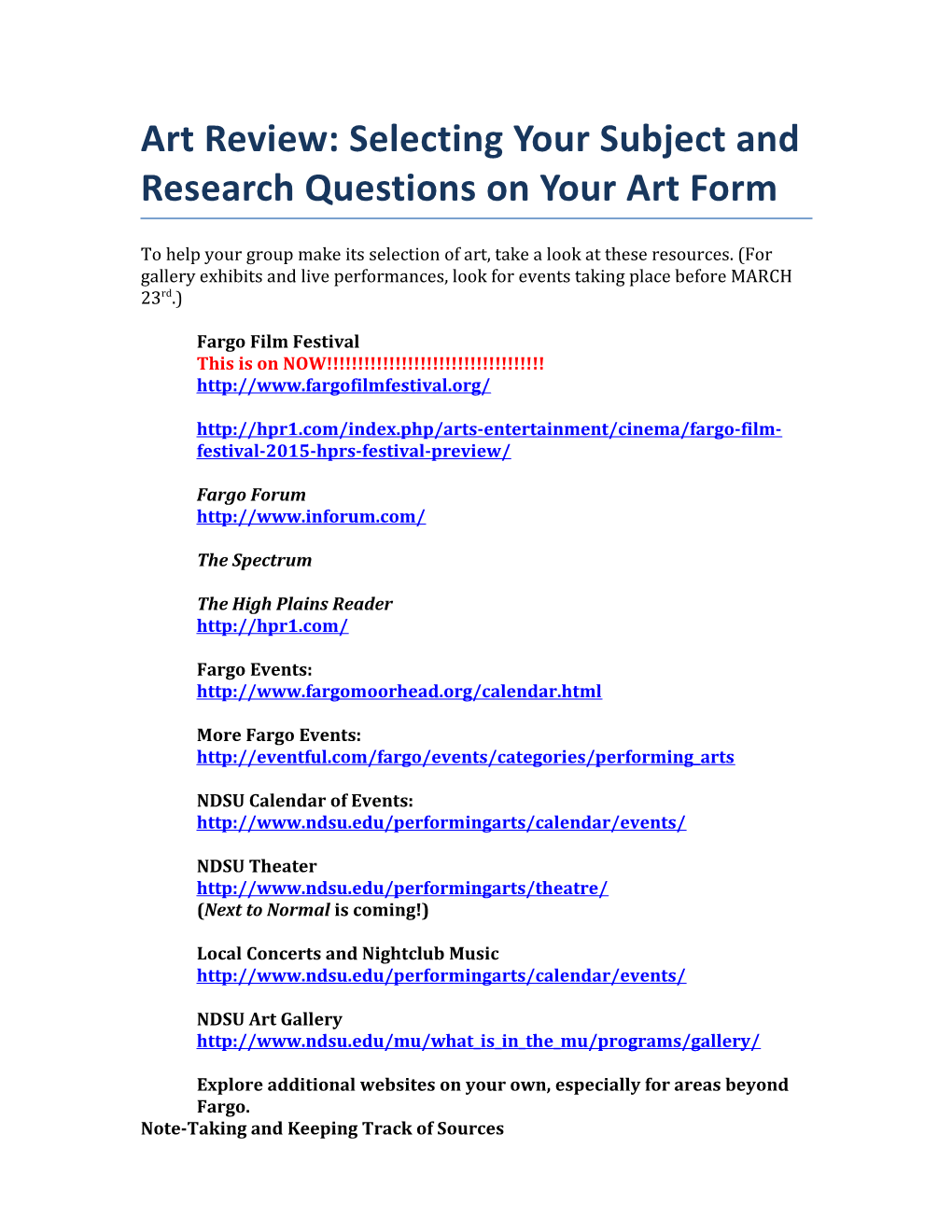 Art Review: Selecting Your Subject and Research Questionson Your Art Form