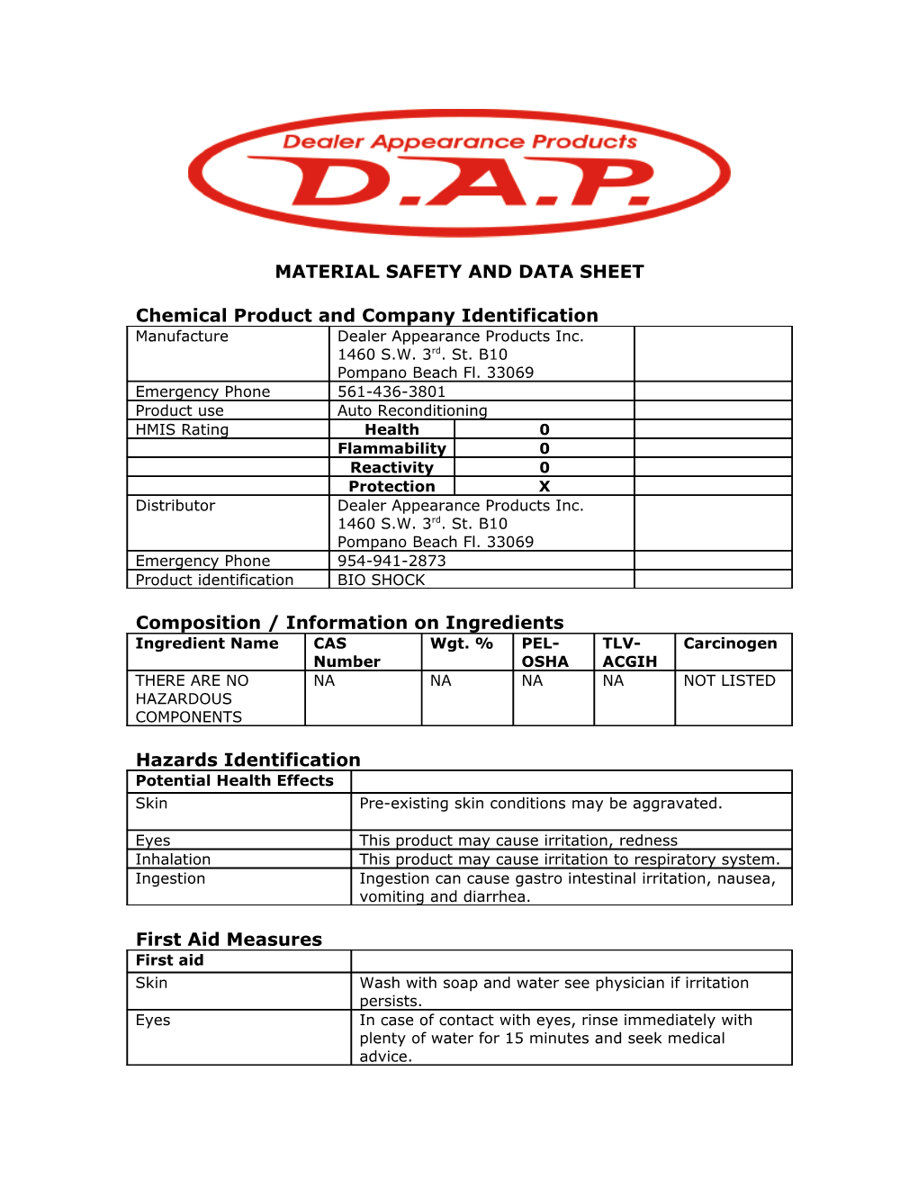 Material Safety and Data Sheet