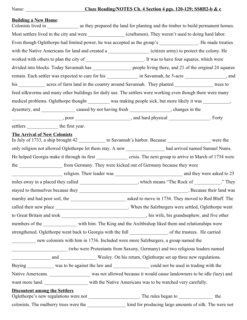 Name: ______ Cloze Reading/Notesch. 4 Section 4 Pgs. 120-129; SS8H2-B & C