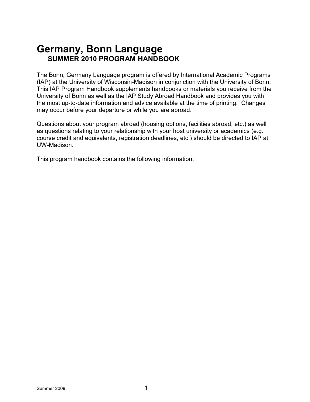 Germany, Bonn Languagesummer 2010 Program Handbook