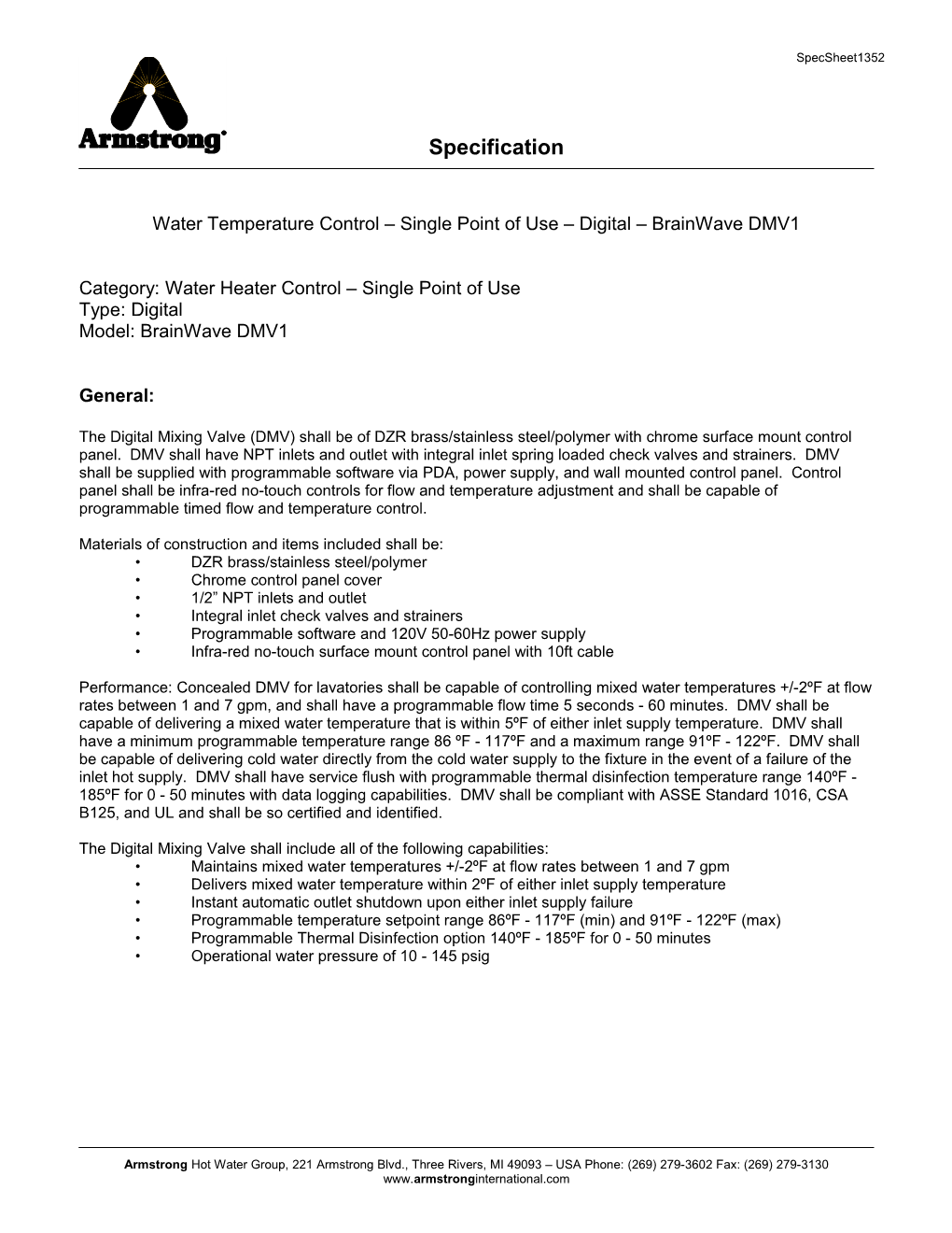 Water Temperature Control Single Point of Use Digital Brainwave DMV1