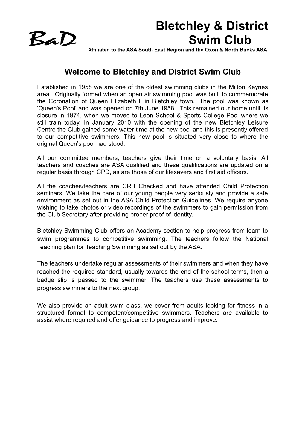 Welcome to Bletchley and District Swim Club