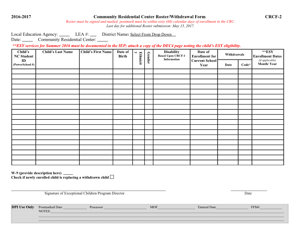 2016-2017 Community Residential Center Roster/Withdrawal Form CRCF-2