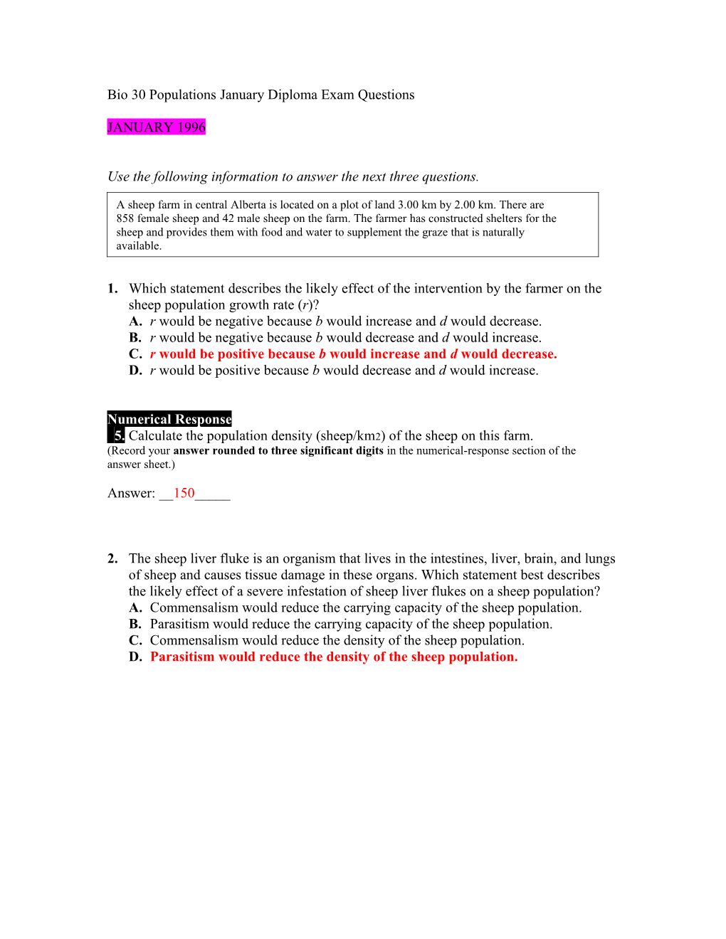 Bio 30 Populations January Diploma Exam Questions