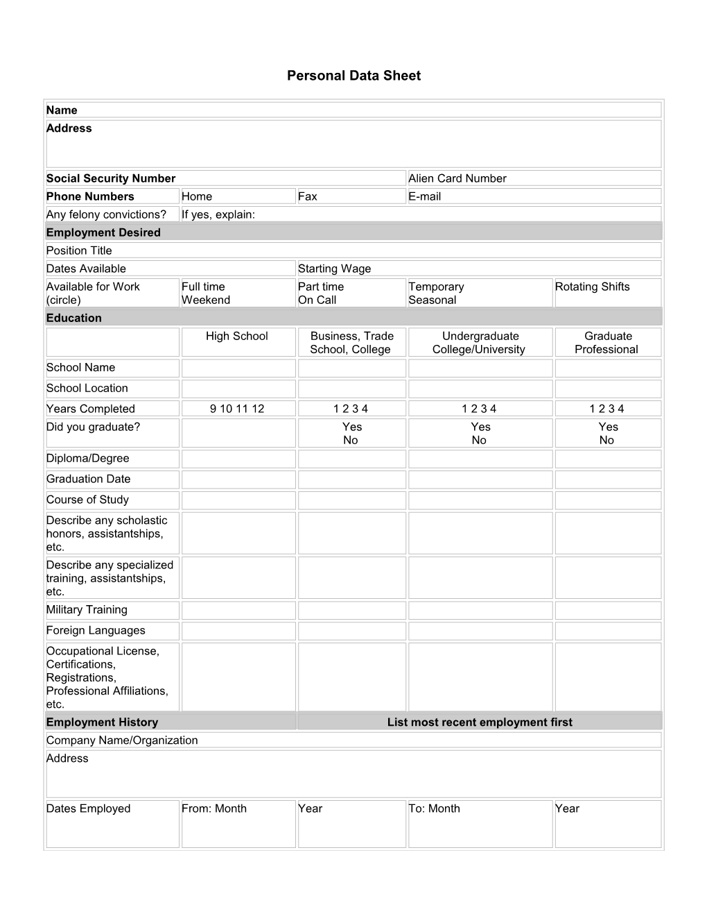 Personal Data Sheet