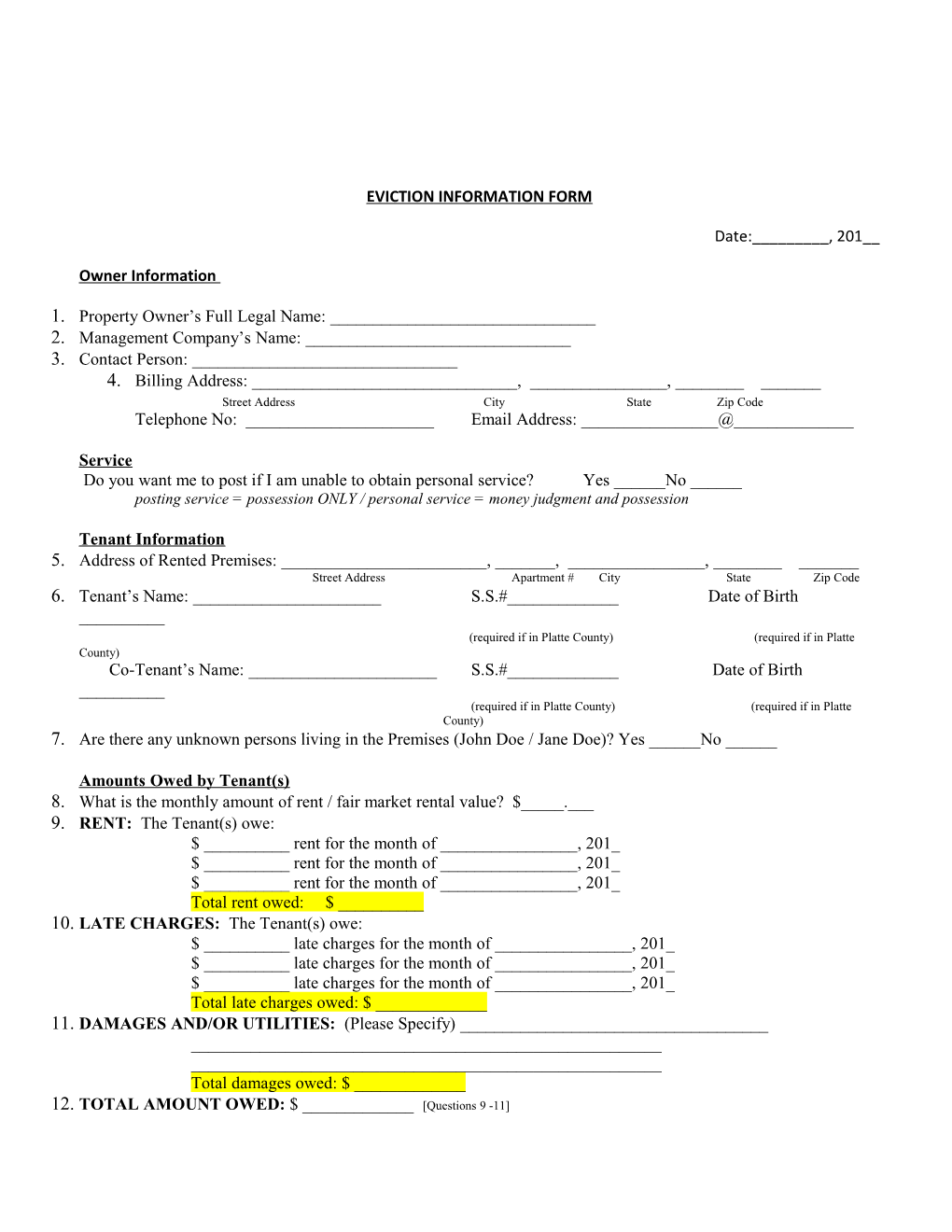 Eviction Information Form