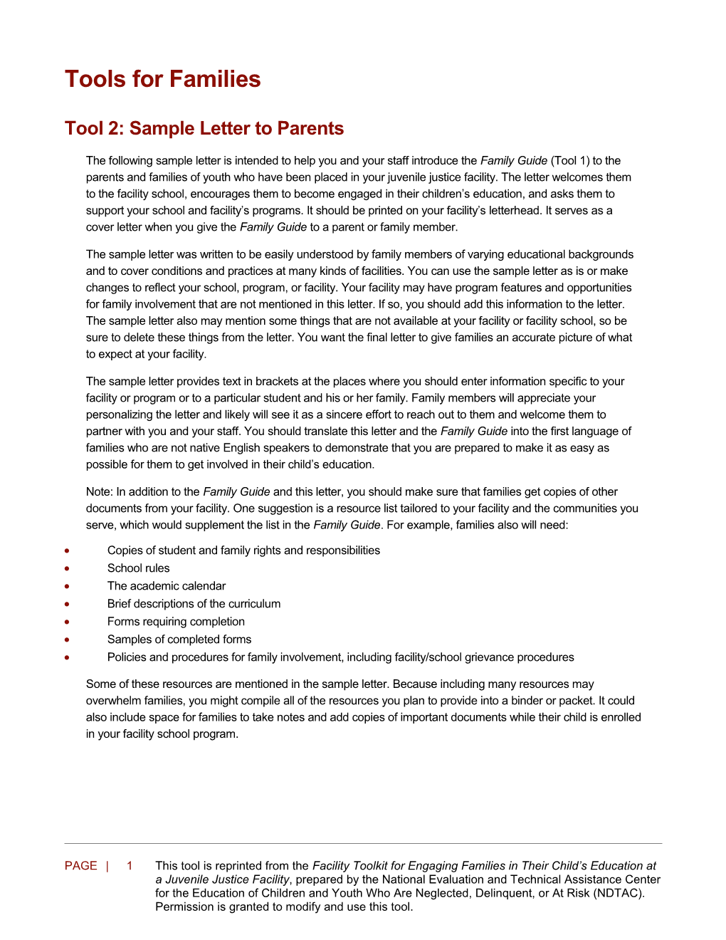 Tool 2: Sample Letter to Parents