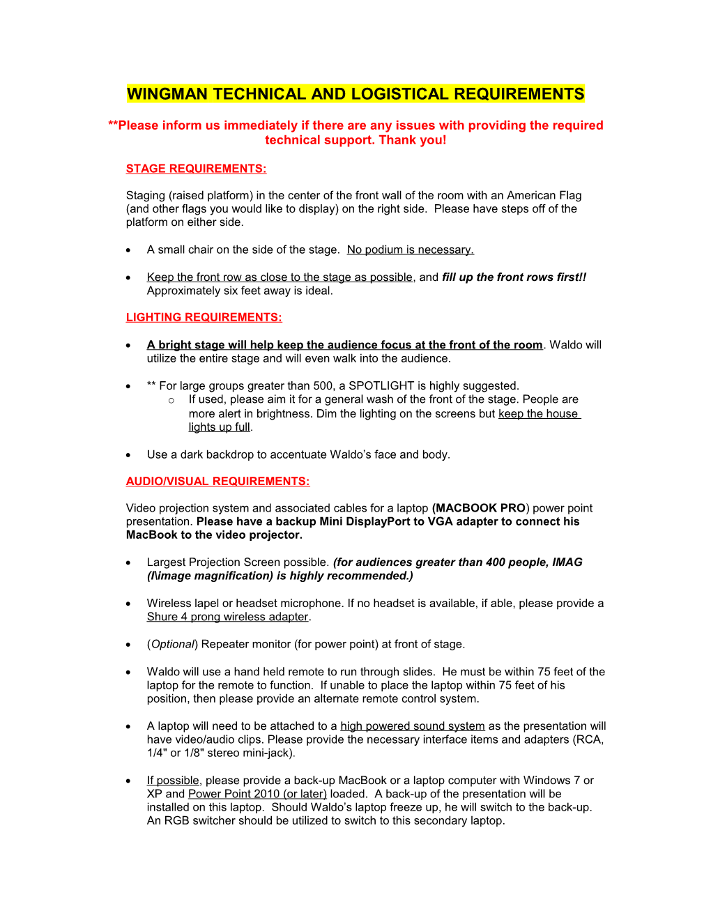 Wingman Technical and Logistical Requirements