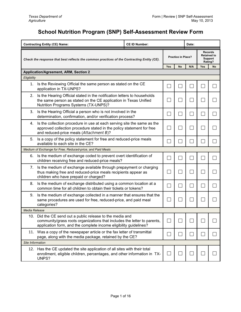 School Nutrition Program (SNP) Self-Assessment Review Form