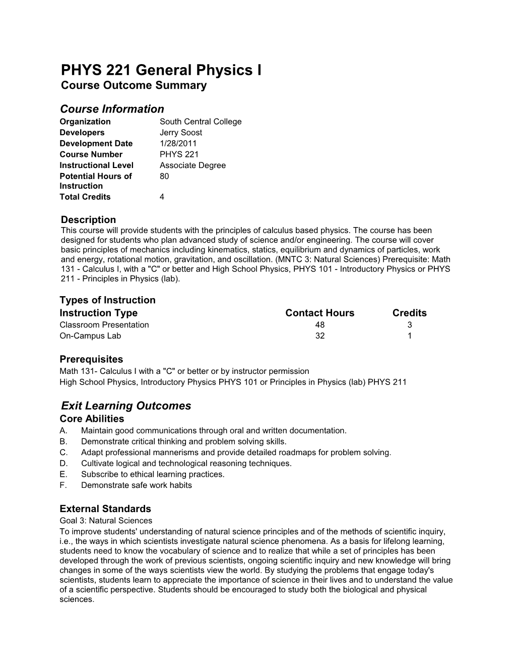 PHYS 221 General Physics I Course Outcome Summary