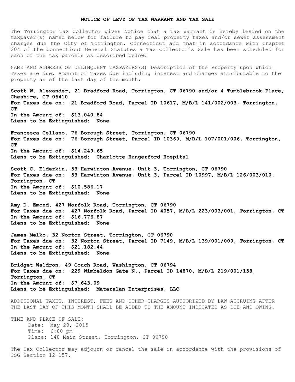 Notice of Levy of Tax Warrant and Tax Sale