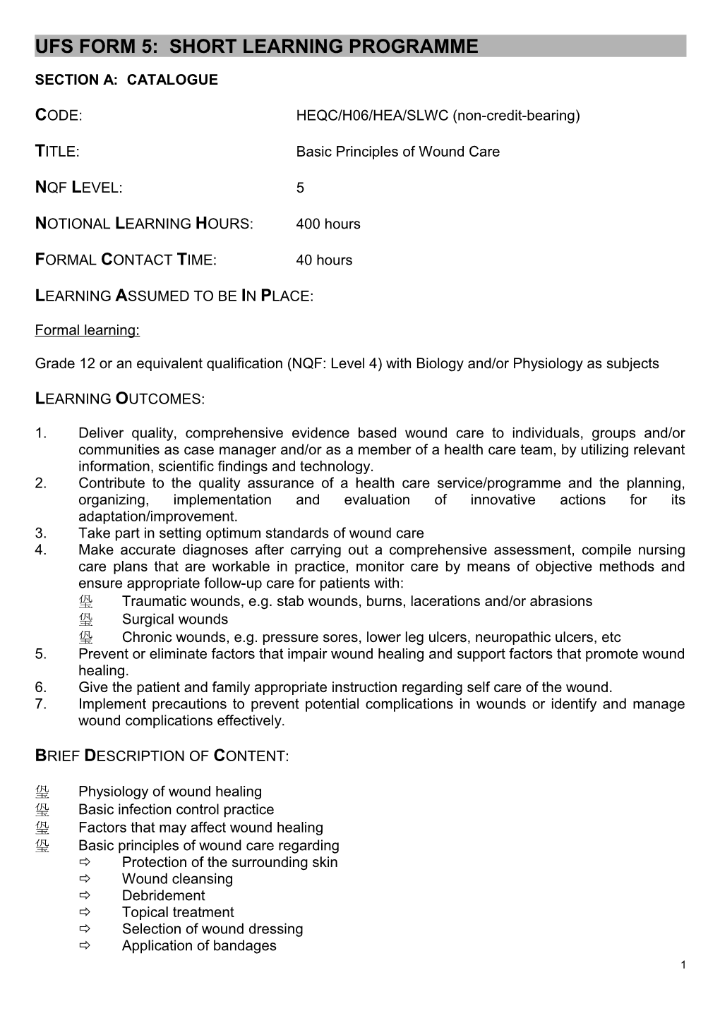 Ufs Form 5: Short Learning Programme