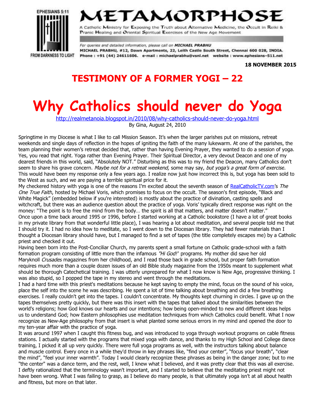 Why Catholics Should Never Do Yoga
