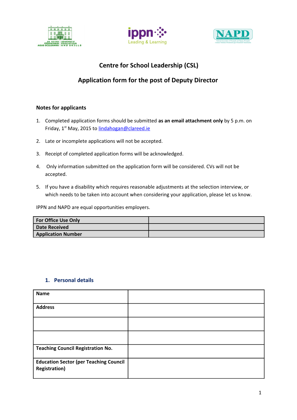 Application Form for the Post of Deputy Director