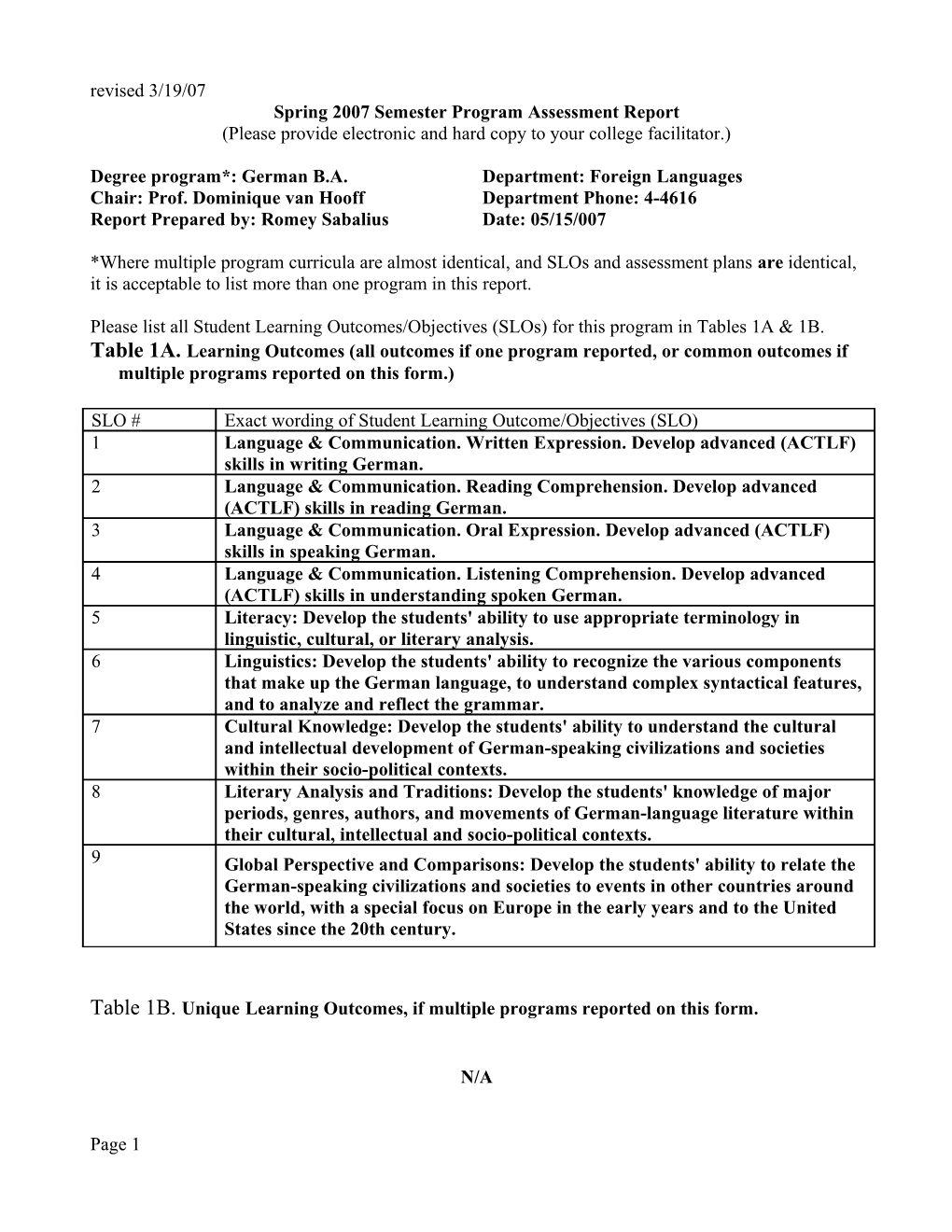 Spring 2007 Semester Program Assessment Report