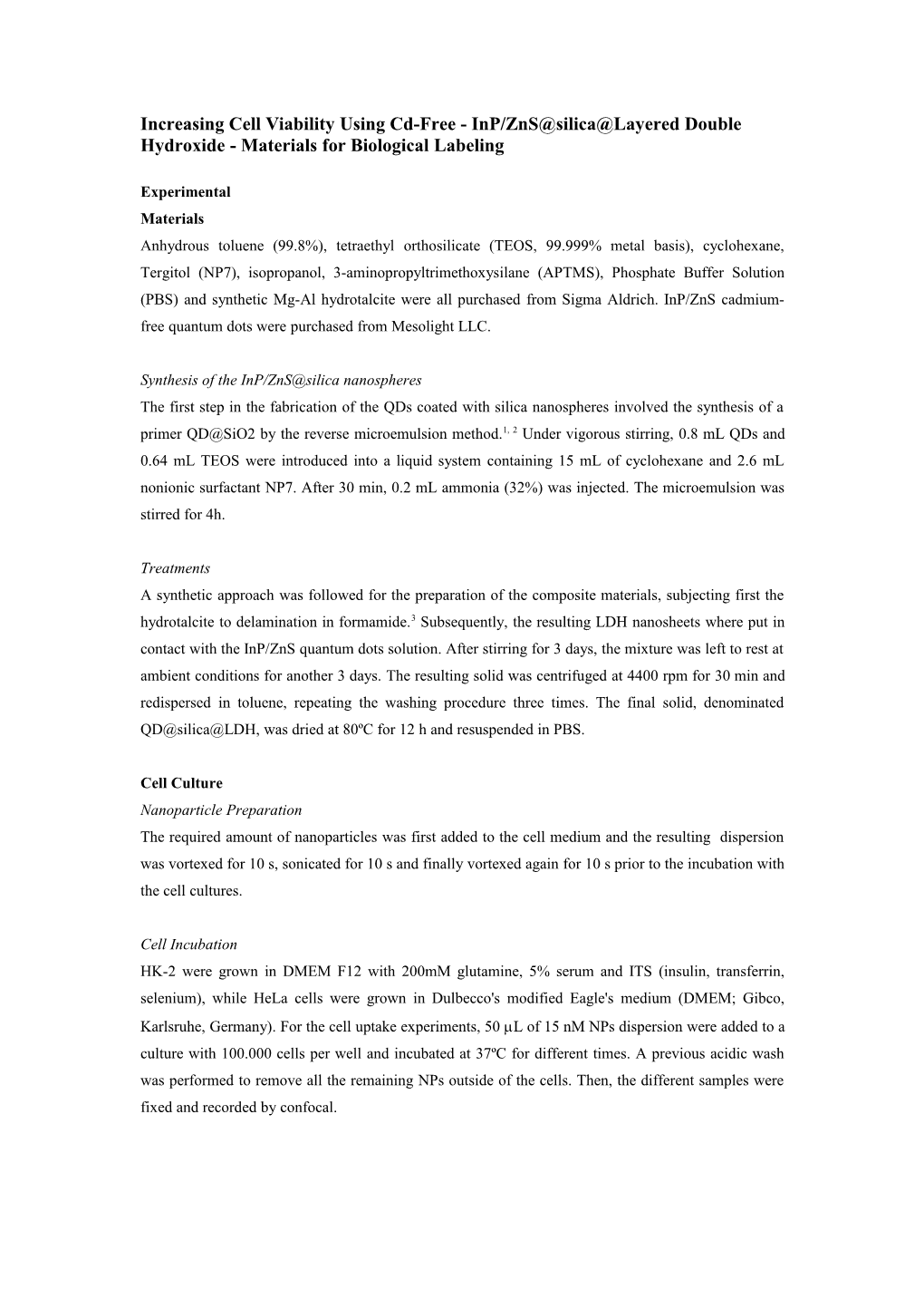 Increasing Cell Viability Using Cd-Free - Inp/Zns Silica Layered Double Hydroxide - Materials