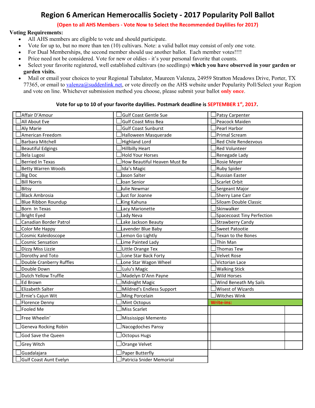 Region 6 American Hemerocallis Society - 2017 Popularity Poll Ballot