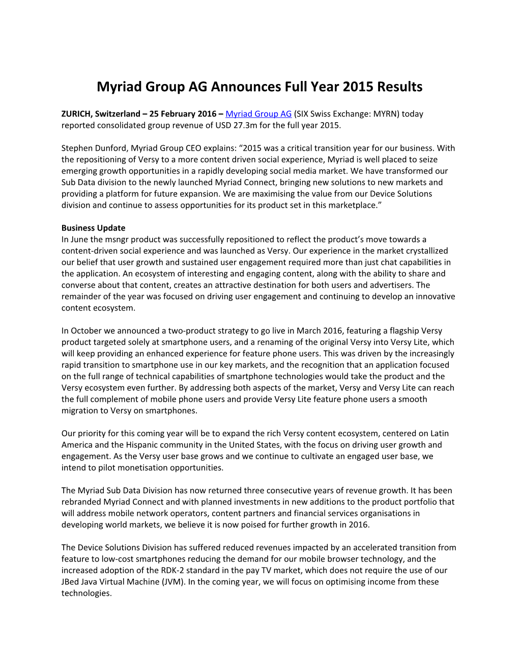 Myriad Group AG Announces Full Year 2015 Results
