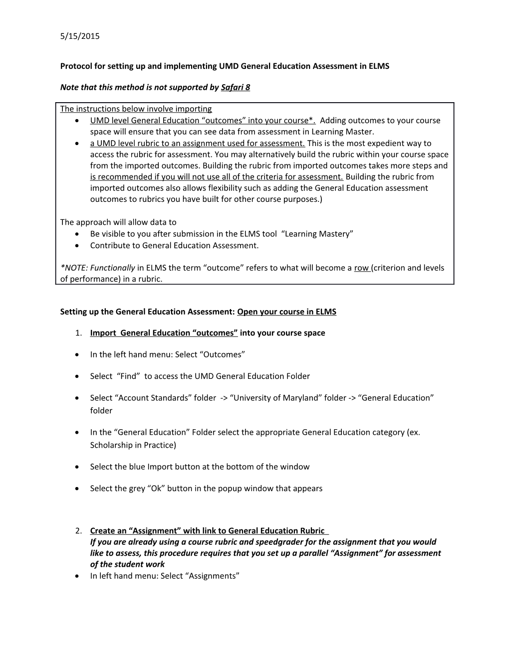 Protocol for Setting up and Implementing UMD General Education Assessment in ELMS
