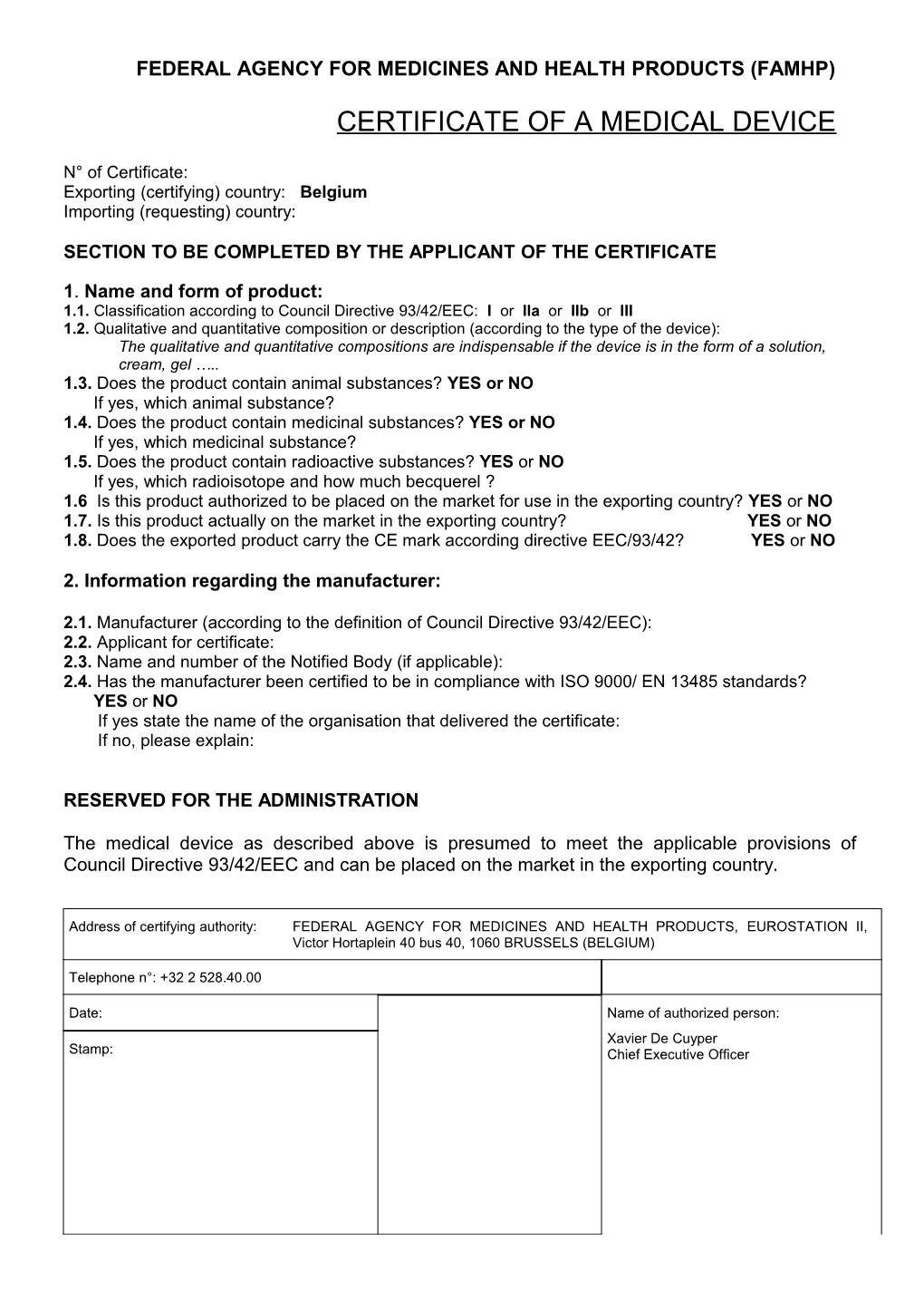 Certificate of a Medical Device