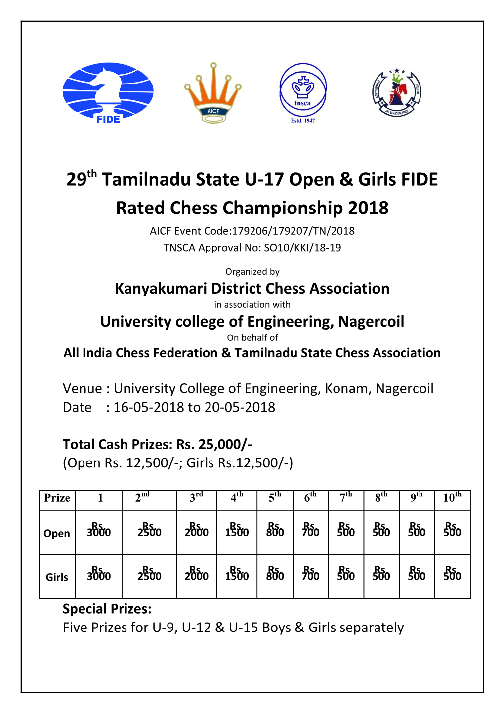 29Thtamilnadu State U-17 Open & Girls FIDE Rated Chess Championship 2018