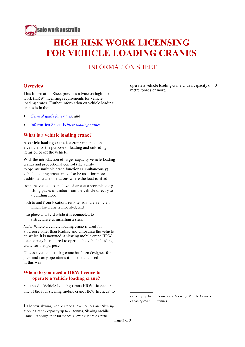 02. High Risk Work Licensing for Vehicle Loading Cranes Information Sheet