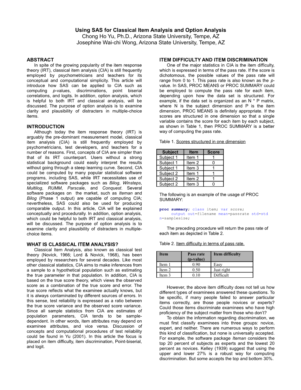 In Spite of the Growing Popularity of the Item Response Theory, Classical Item Analysis